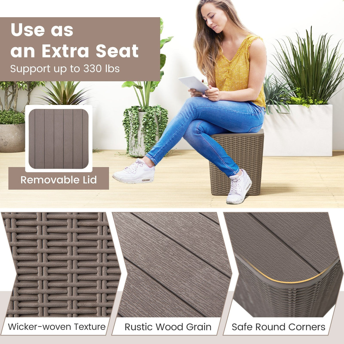 Outdoor Resin Storage Side Table with Removable Lid and Wicker-woven Accent-Coffee view 9