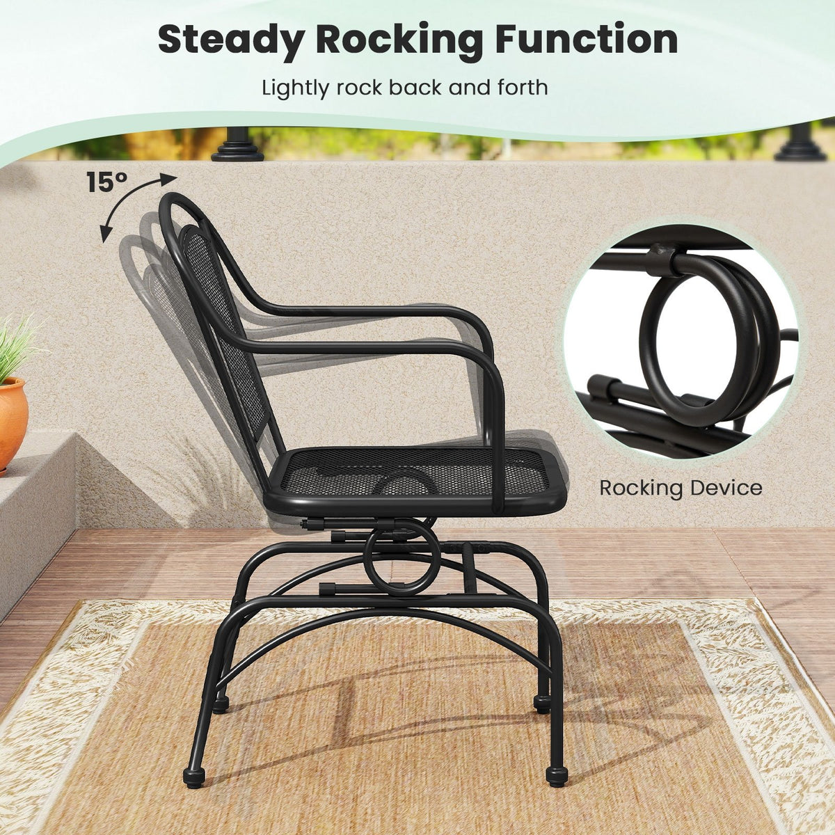 Outdoor Rocking Chair Set of 2 with Mesh Backrest and Seat for Yard-Black view 7