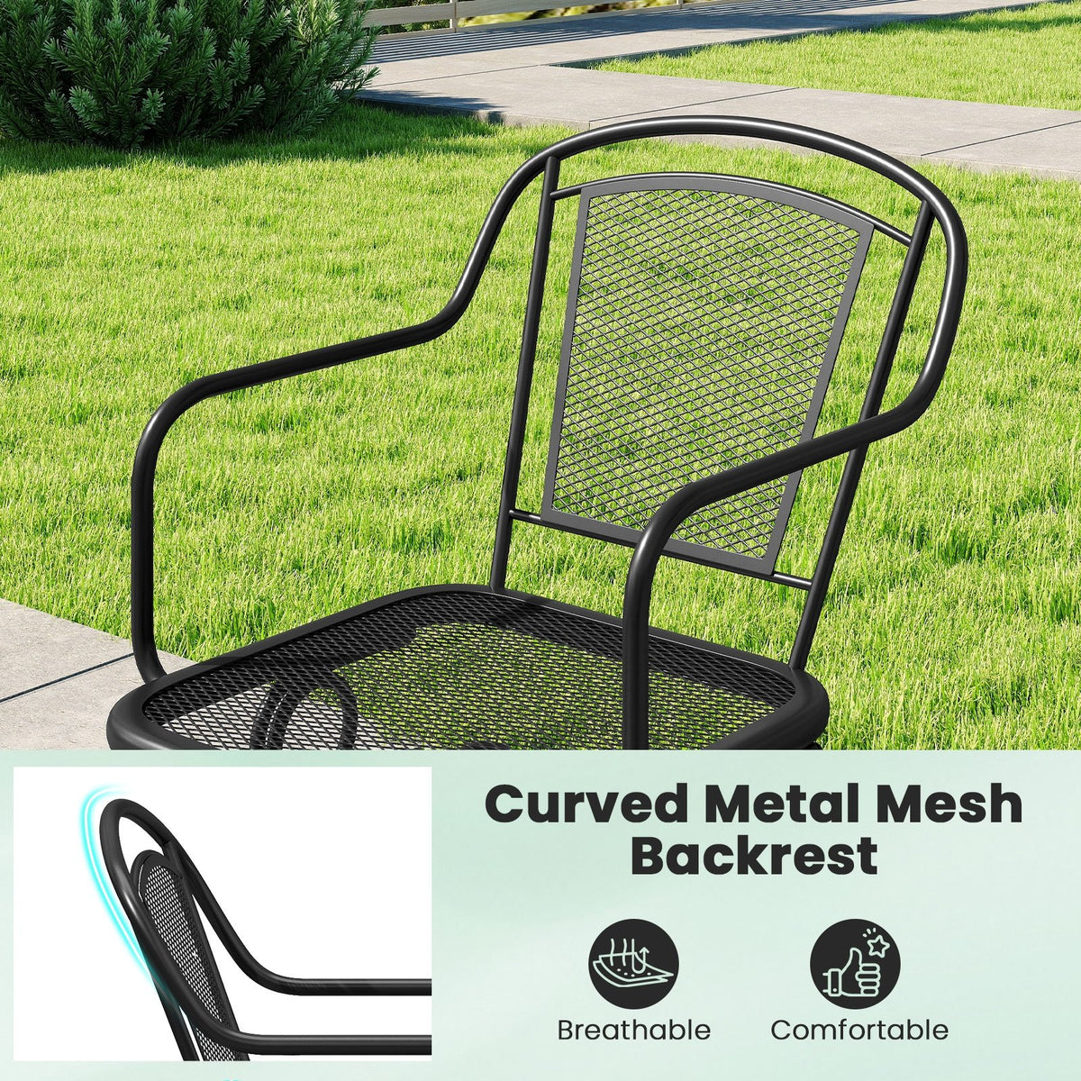 Outdoor Rocking Chair Set of 2 with Mesh Backrest and Seat for Yard-Black view 8