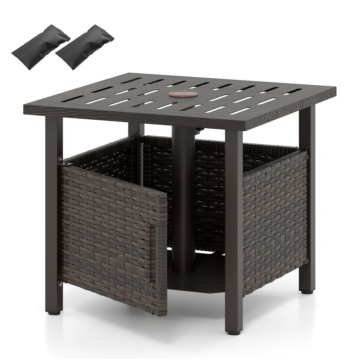 Outdoor Side Table with 1.93 inches Umbrella Hole All-Weather PE Wicker Patio Umbrella Table-Brown