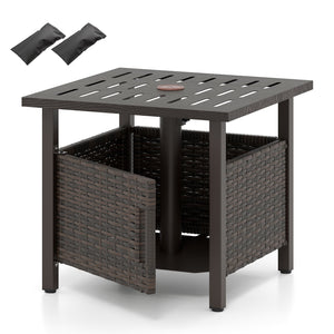 Outdoor Side Table with 1.93 inches Umbrella Hole All-Weather PE Wicker Patio Umbrella Table-Brown