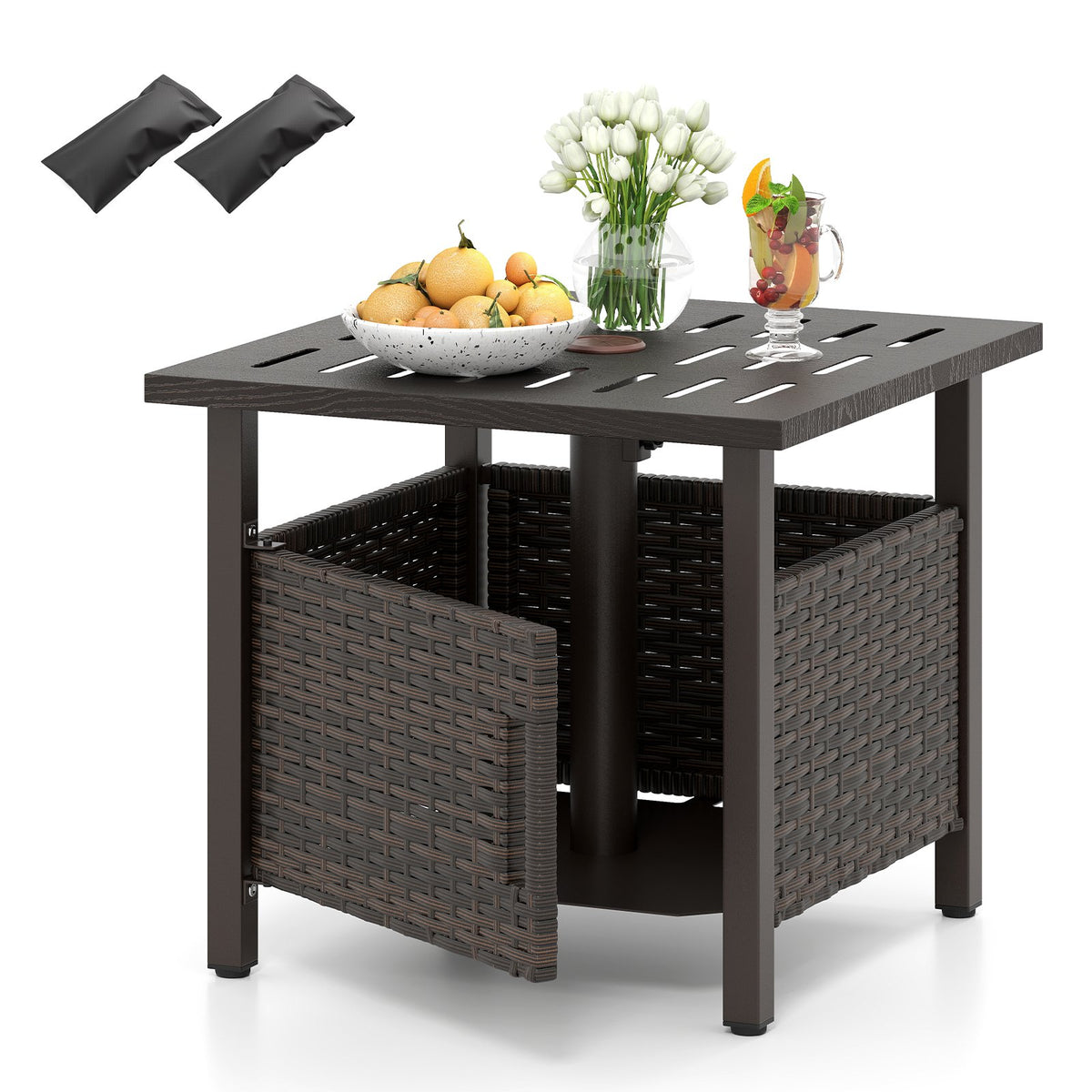 Outdoor Side Table with 1.93 inches Umbrella Hole All-Weather PE Wicker Patio Umbrella Table-Brown view 4
