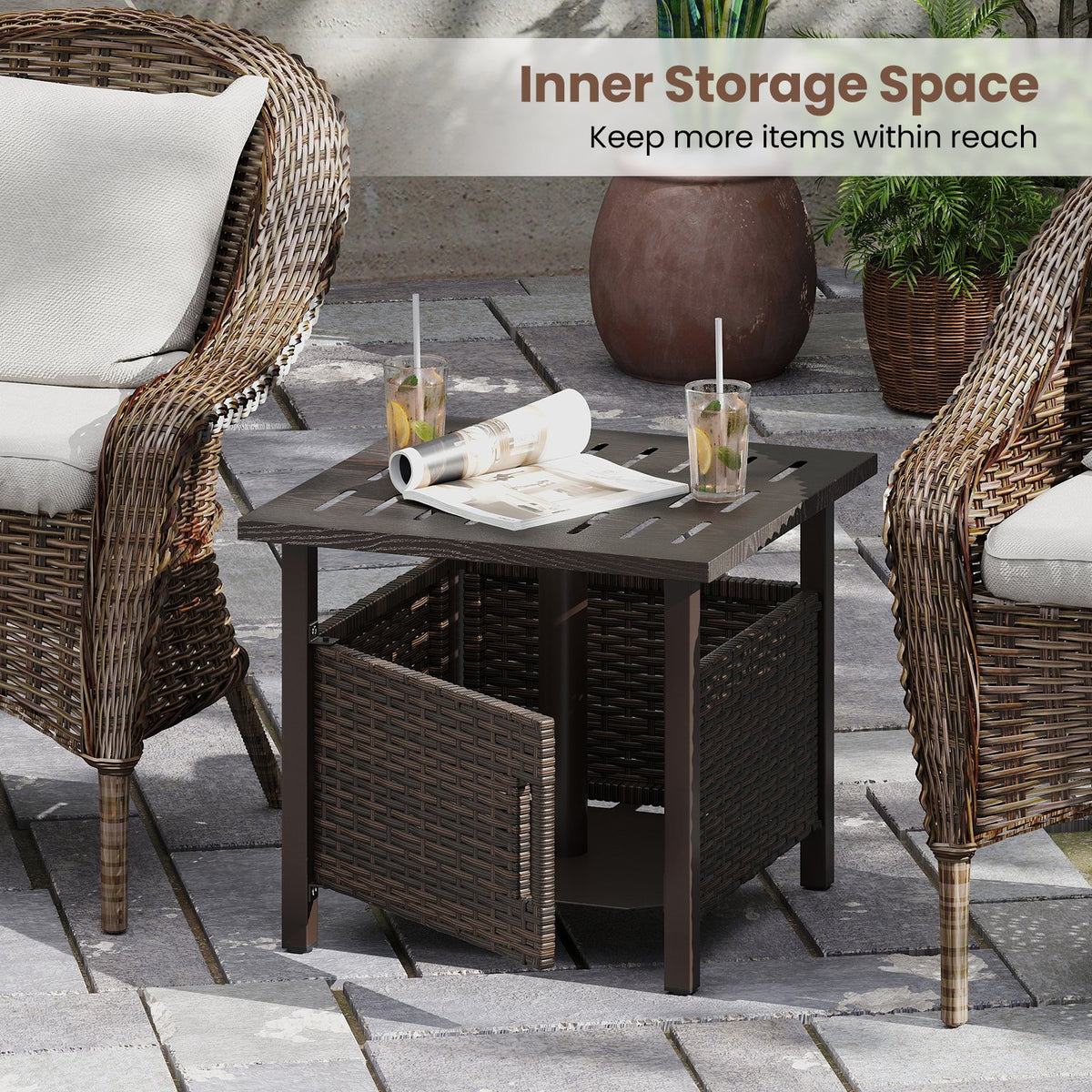 Outdoor Side Table with 1.93 inches Umbrella Hole All-Weather PE Wicker Patio Umbrella Table-Brown view 8
