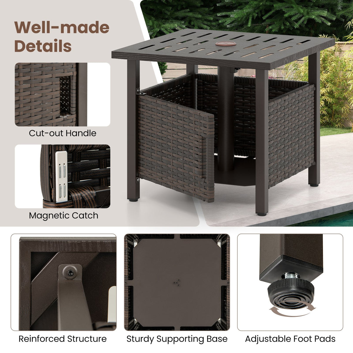 Outdoor Side Table with 1.93 inches Umbrella Hole All-Weather PE Wicker Patio Umbrella Table-Brown view 9