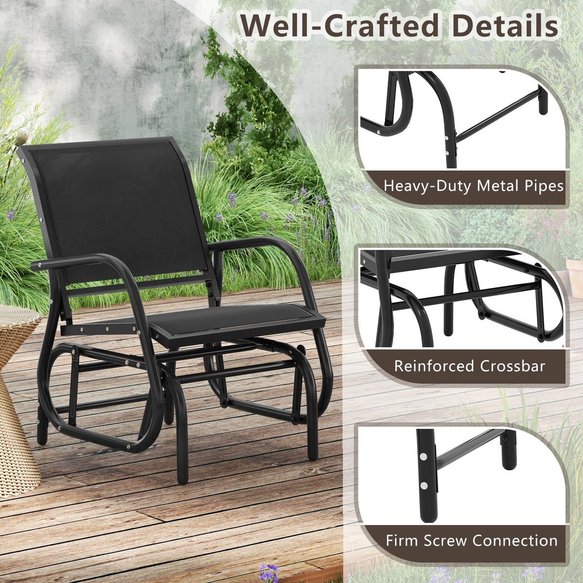 Outdoor Single Swing Glider Rocking Chair with Armrest-Black view 6