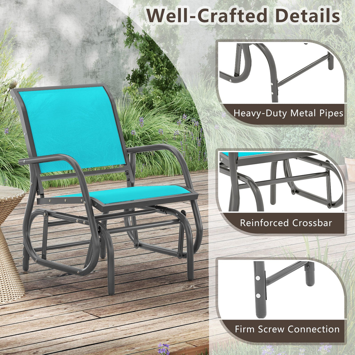 Outdoor Single Swing Glider Rocking Chair with Armrest-Turquoise view 8