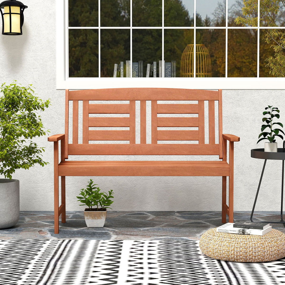 Outdoor Solid Wood Loveseat Hardwood 2-Seat Bench with Inclined Backrest and Slatted Seat view 2
