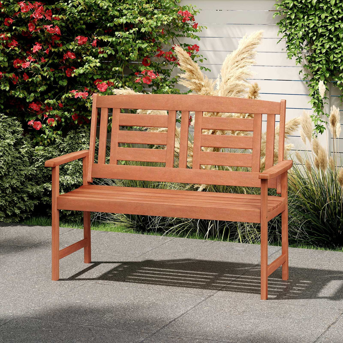 Outdoor Solid Wood Loveseat Hardwood 2-Seat Bench with Inclined Backrest and Slatted Seat view 3