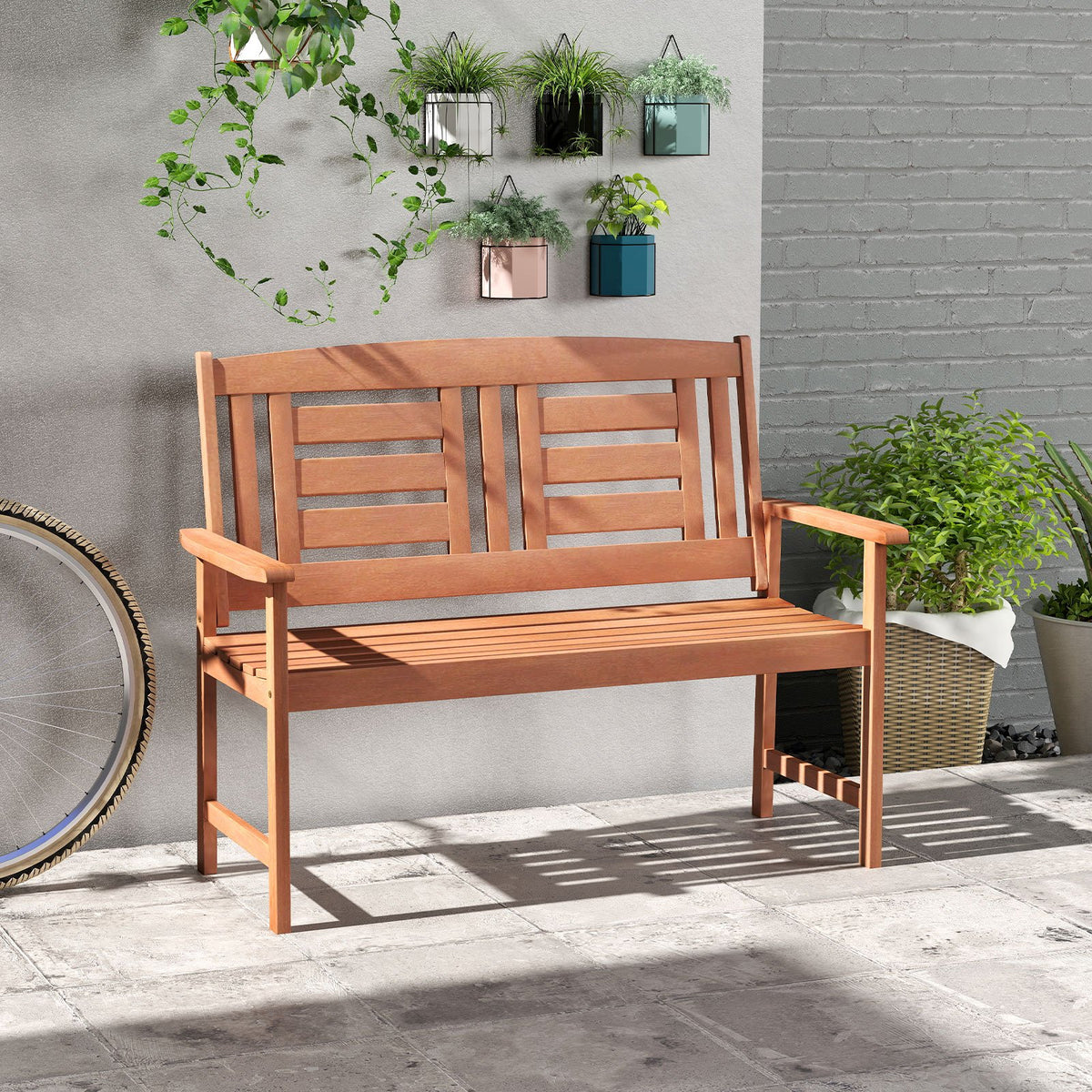 Outdoor Solid Wood Loveseat Hardwood 2-Seat Bench with Inclined Backrest and Slatted Seat view 6