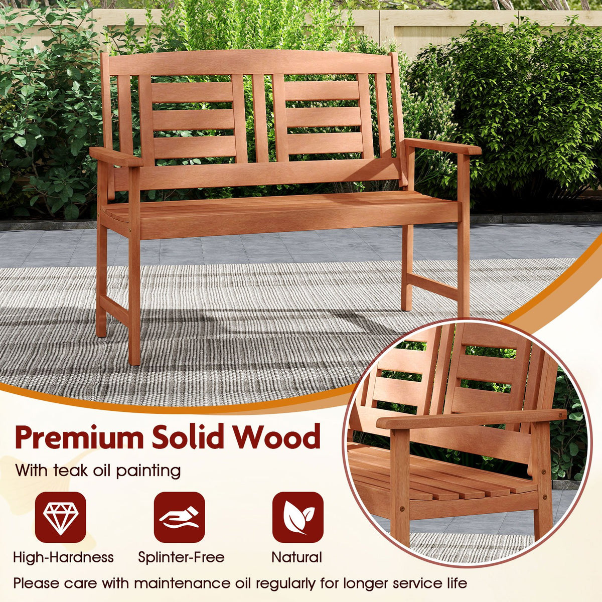 Outdoor Solid Wood Loveseat Hardwood 2-Seat Bench with Inclined Backrest and Slatted Seat view 7