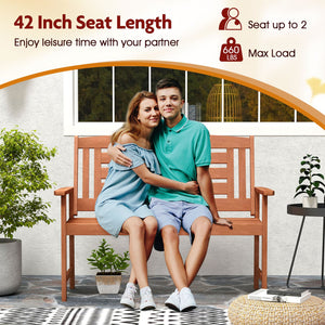 Outdoor Solid Wood Loveseat Hardwood 2-Seat Bench with Inclined Backrest and Slatted Seat view 8