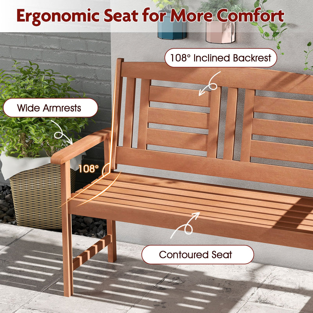 Outdoor Solid Wood Loveseat Hardwood 2-Seat Bench with Inclined Backrest and Slatted Seat view 9