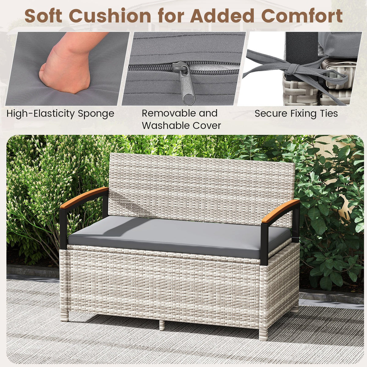 Outdoor Storage Bench Deck Box Patio Furniture with Cushion-Gray view 6