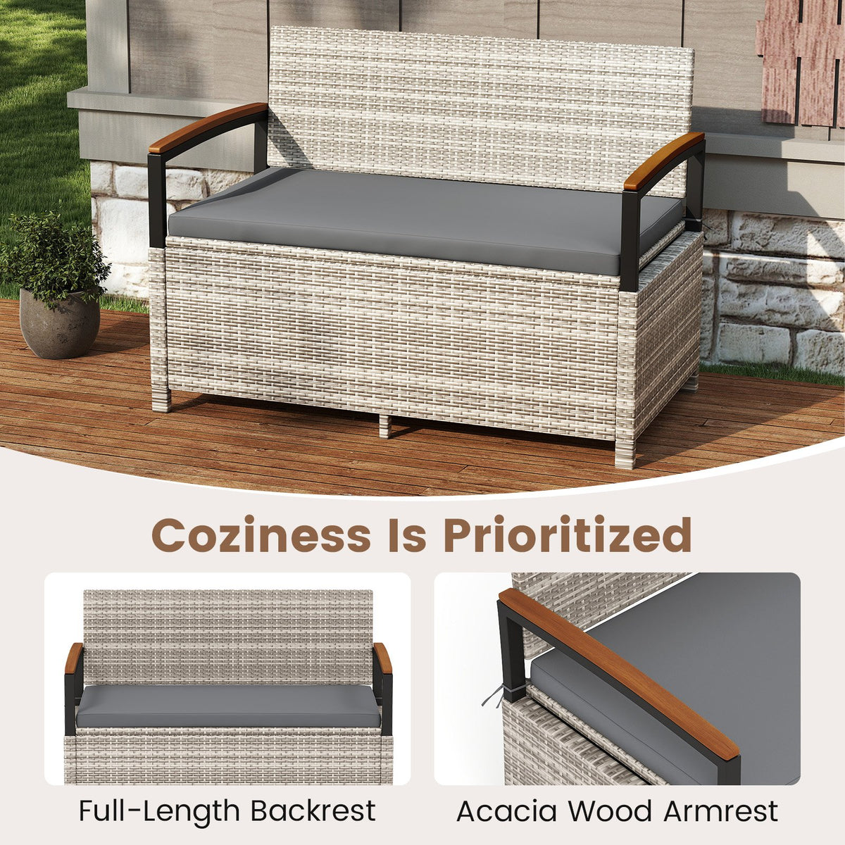 Outdoor Storage Bench Deck Box Patio Furniture with Cushion-Gray view 8