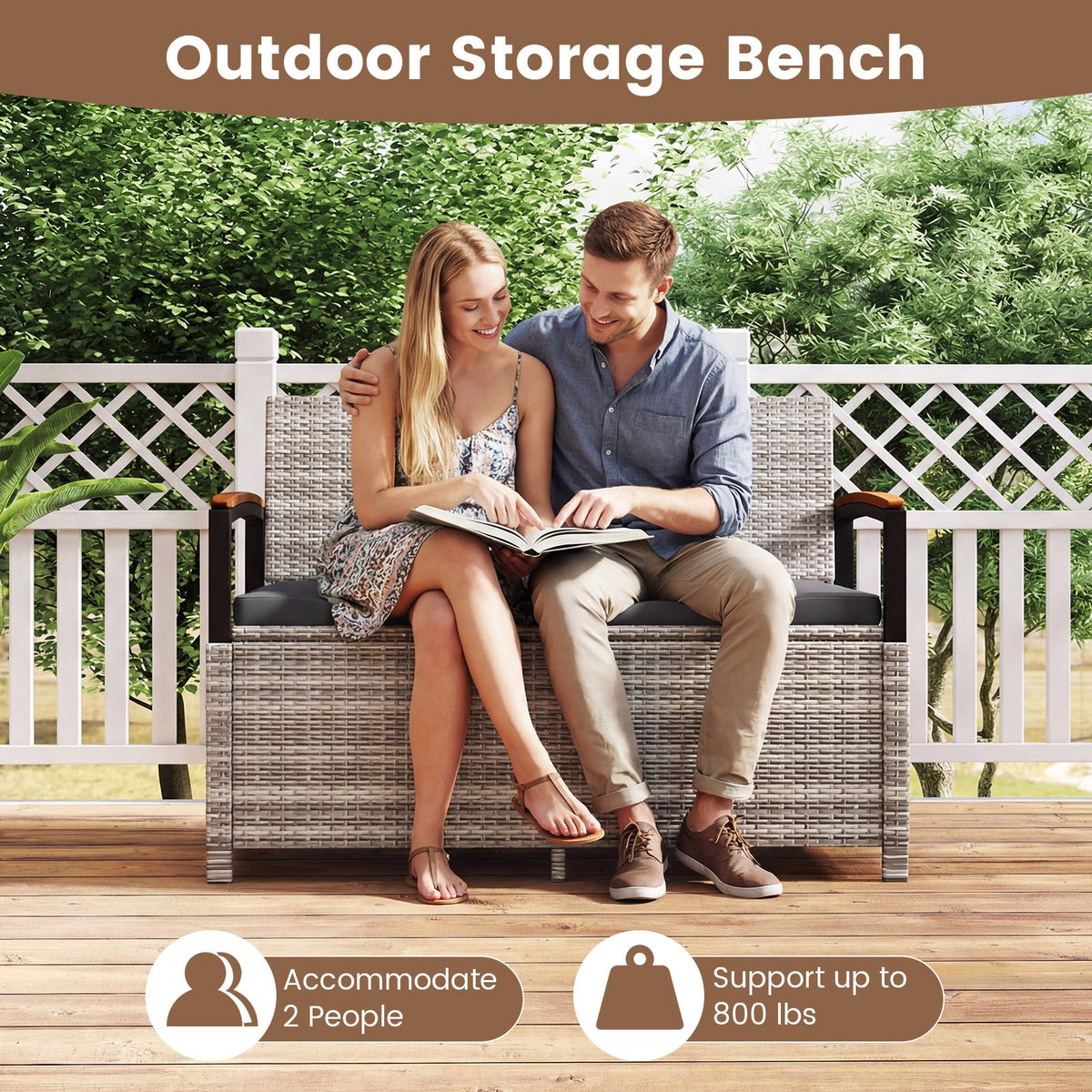 Outdoor Storage Bench Deck Box Patio Furniture with Cushion-Gray view 9