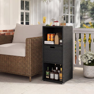 Outdoor Storage Cabinet Patio Wicker Organizer with Drawer-Black view 2