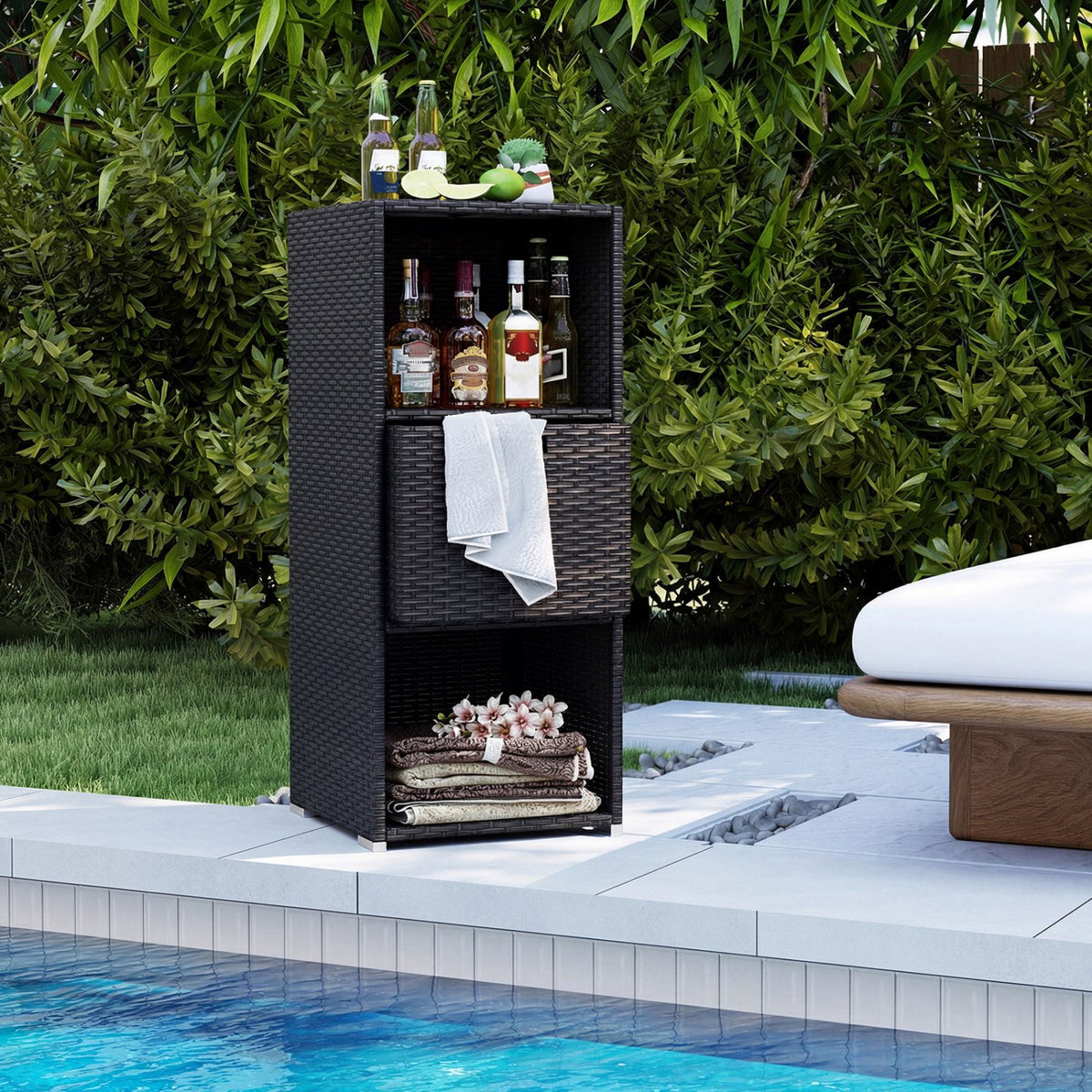 Outdoor Storage Cabinet Patio Wicker Organizer with Drawer-Black view 6