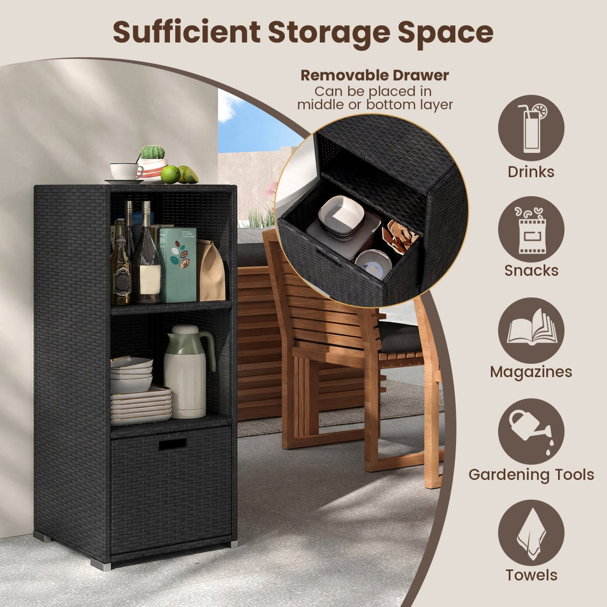 Outdoor Storage Cabinet Patio Wicker Organizer with Drawer-Black view 8