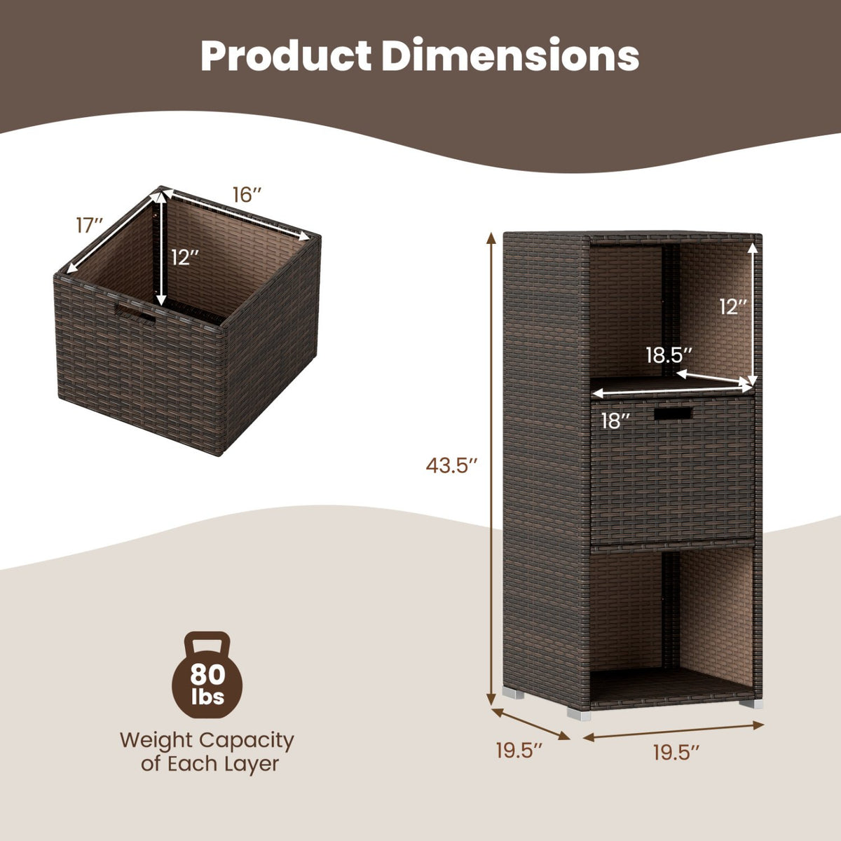 Outdoor Storage Cabinet Patio Wicker Organizer with Drawer-Brown view 5