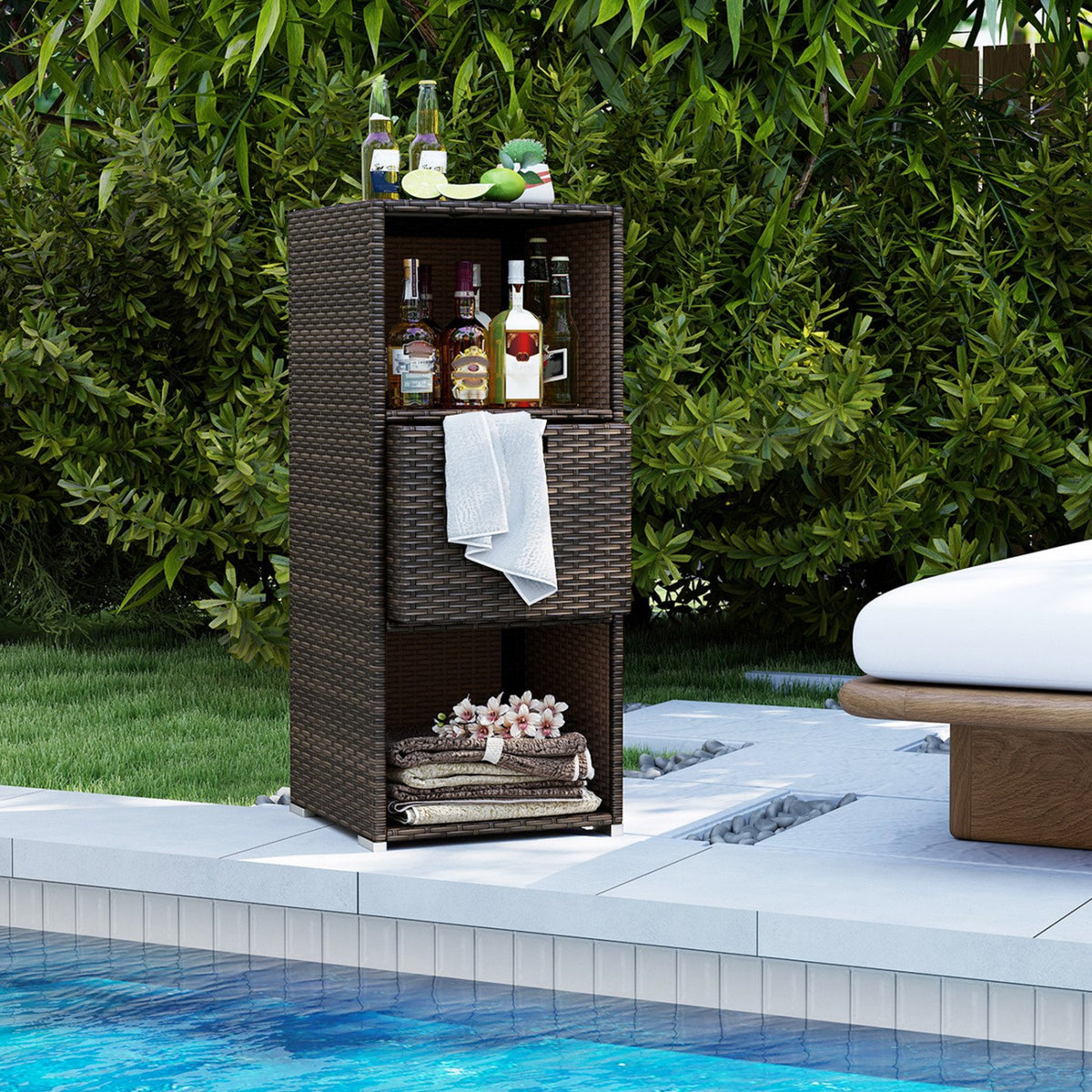 Outdoor Storage Cabinet Patio Wicker Organizer with Drawer-Brown view 6