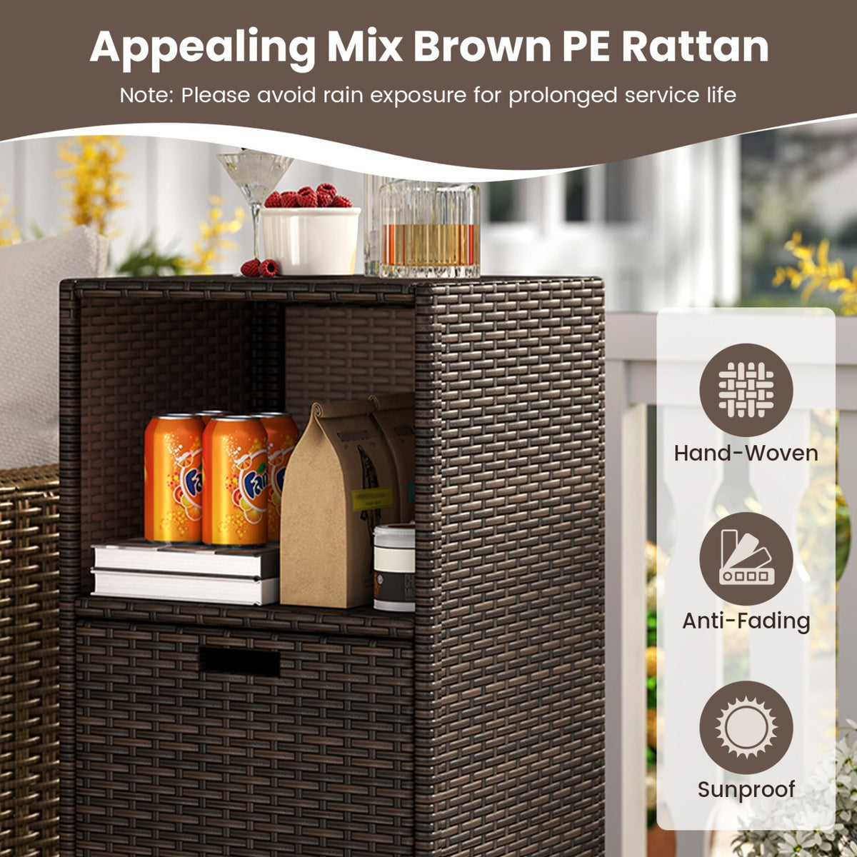 Outdoor Storage Cabinet Patio Wicker Organizer with Drawer-Brown view 7