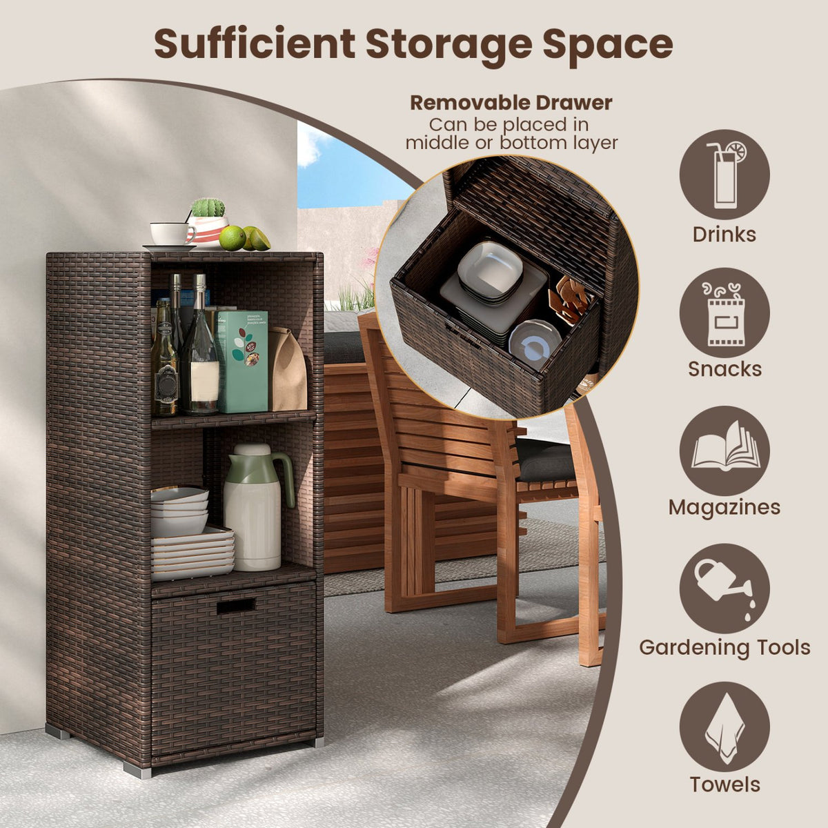 Outdoor Storage Cabinet Patio Wicker Organizer with Drawer-Brown view 8