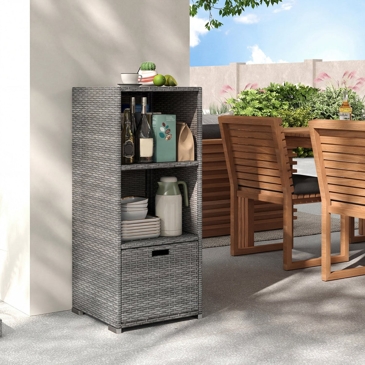 Outdoor Storage Cabinet Patio Wicker Organizer with Drawer-Gray view 3