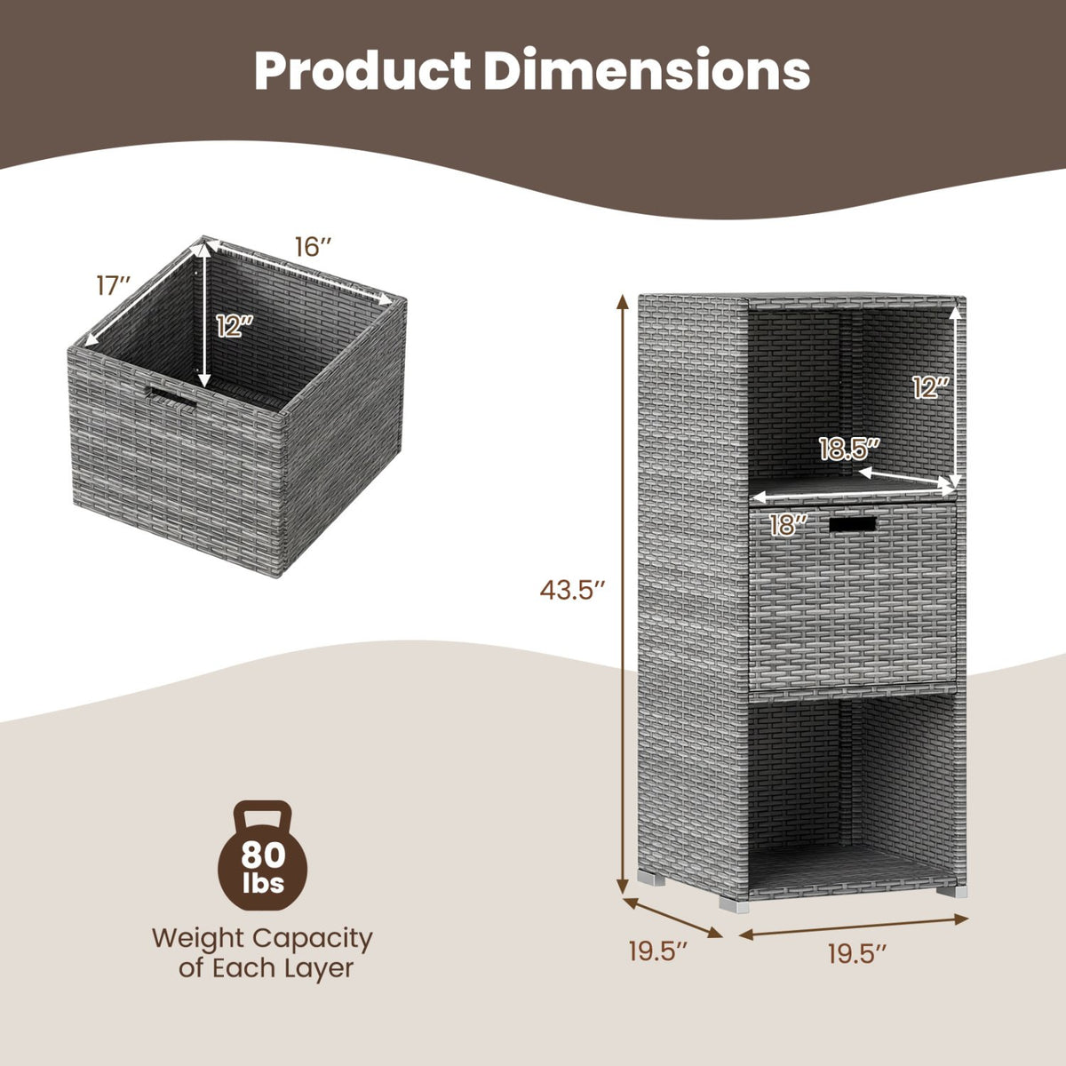 Outdoor Storage Cabinet Patio Wicker Organizer with Drawer-Gray view 5