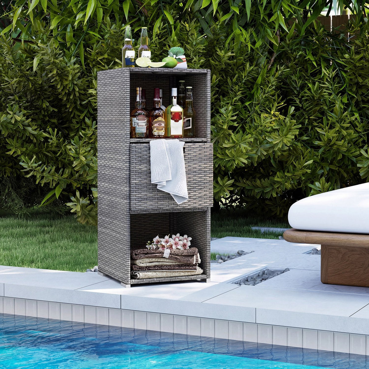 Outdoor Storage Cabinet Patio Wicker Organizer with Drawer-Gray view 6