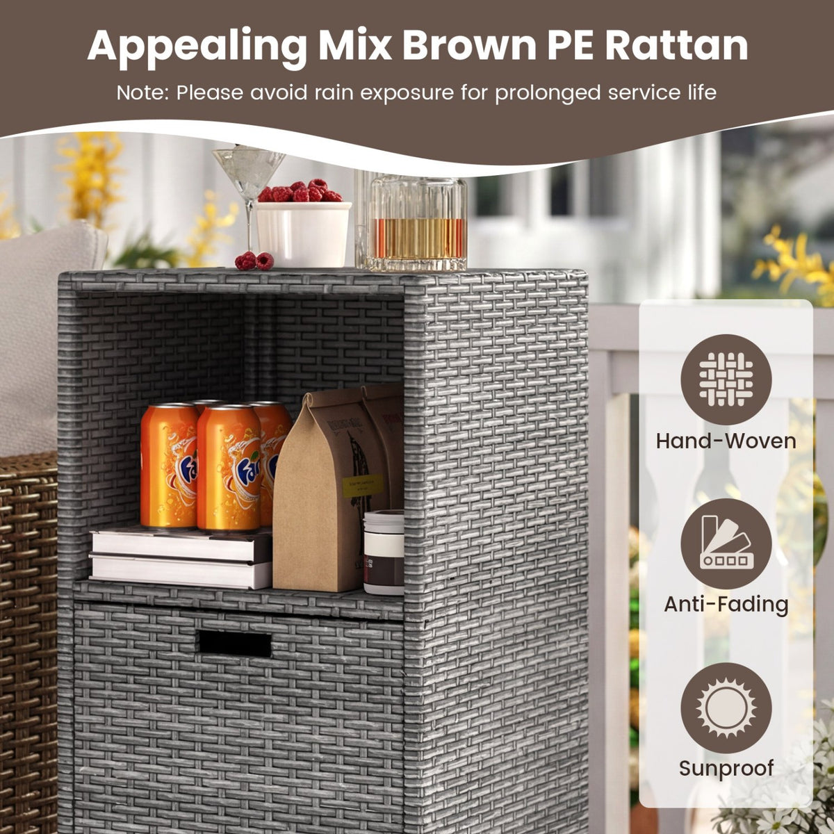 Outdoor Storage Cabinet Patio Wicker Organizer with Drawer-Gray view 7