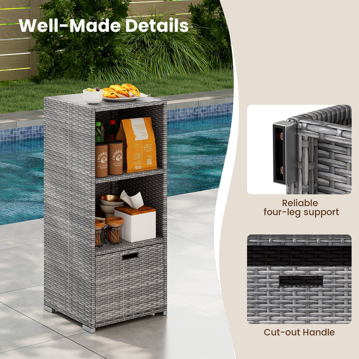 Outdoor Storage Cabinet Patio Wicker Organizer with Drawer-Gray view 9