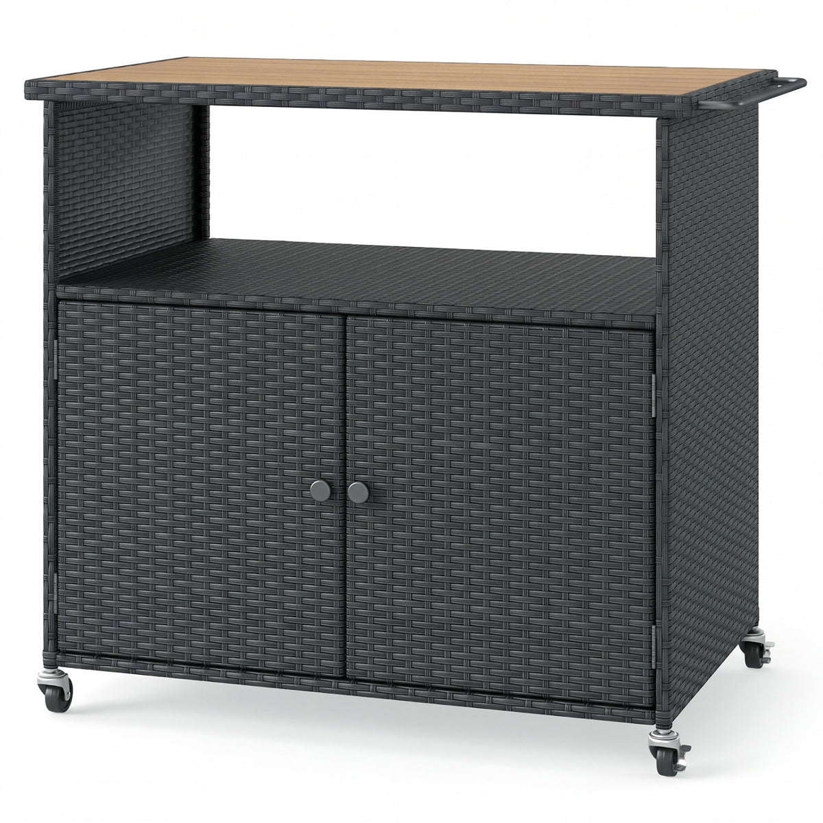 Outdoor Storage Cabinet with Acacia Wood Top and Lockable Wheels-Black