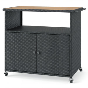 Outdoor Storage Cabinet with Acacia Wood Top and Lockable Wheels-Black