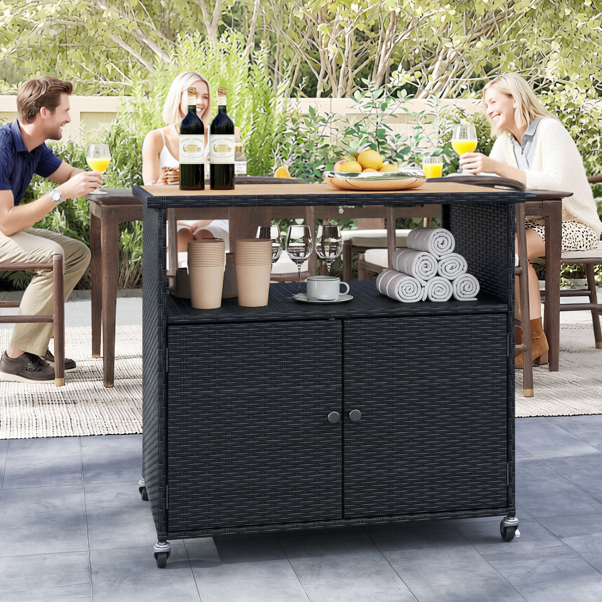 Outdoor Storage Cabinet with Acacia Wood Top and Lockable Wheels-Black view 2