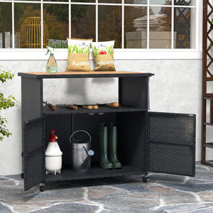 Outdoor Storage Cabinet with Acacia Wood Top and Lockable Wheels-Black view 3