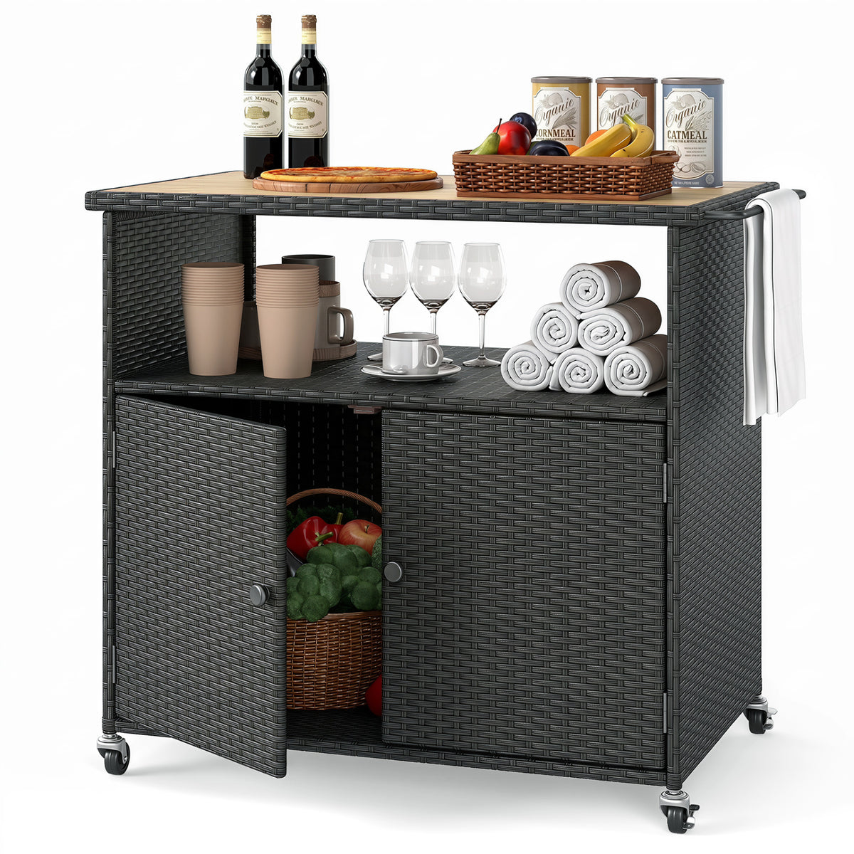 Outdoor Storage Cabinet with Acacia Wood Top and Lockable Wheels-Black view 4