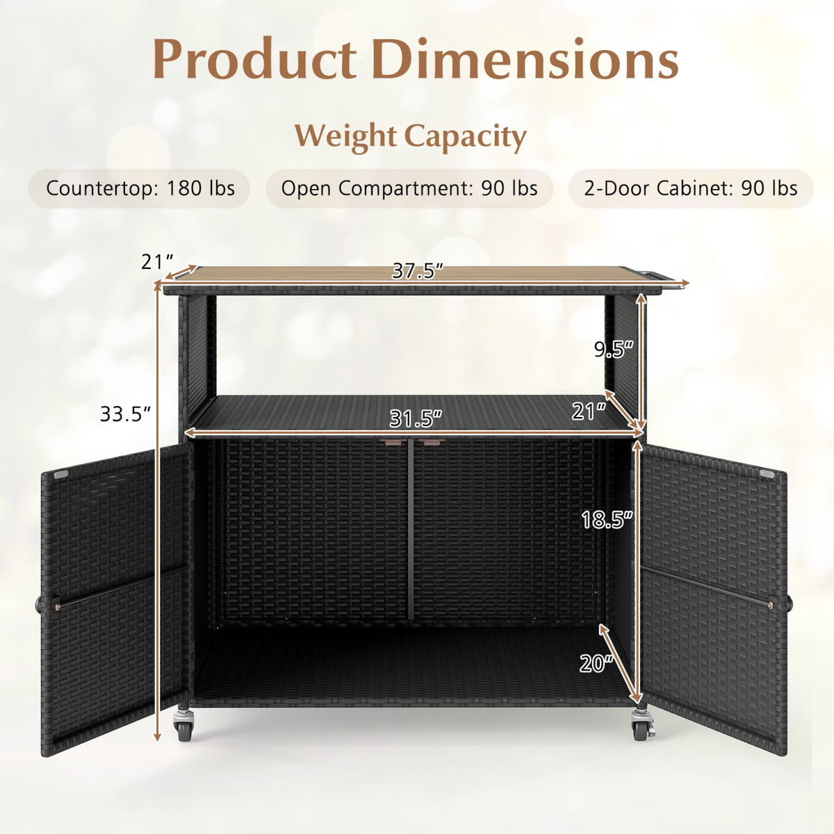 Outdoor Storage Cabinet with Acacia Wood Top and Lockable Wheels-Black view 5