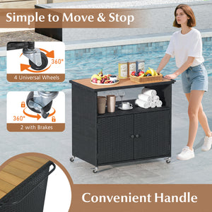 Outdoor Storage Cabinet with Acacia Wood Top and Lockable Wheels-Black view 8