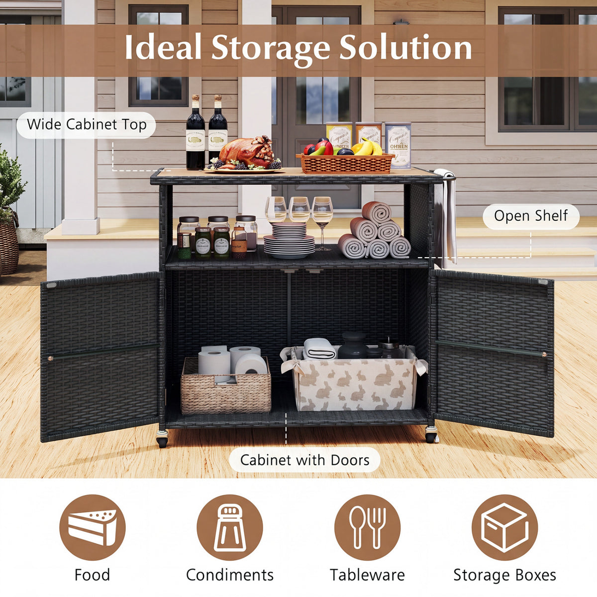Outdoor Storage Cabinet with Acacia Wood Top and Lockable Wheels-Black view 9