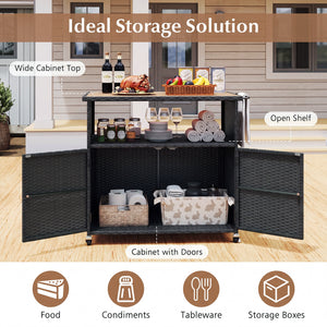 Outdoor Storage Cabinet with Acacia Wood Top and Lockable Wheels-Black view 9