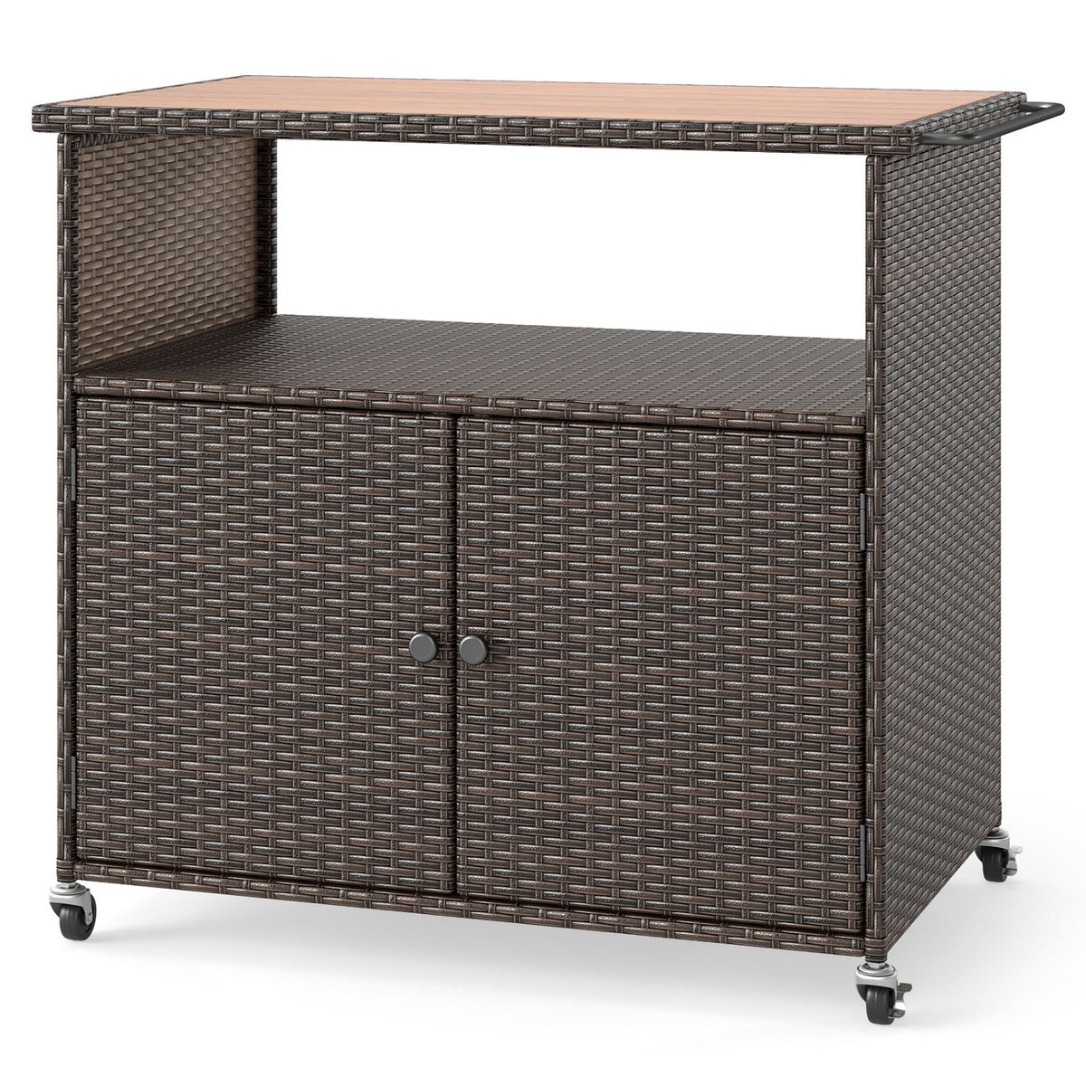 Outdoor Storage Cabinet with Acacia Wood Top and Lockable Wheels-Brown