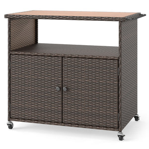 Outdoor Storage Cabinet with Acacia Wood Top and Lockable Wheels-Brown