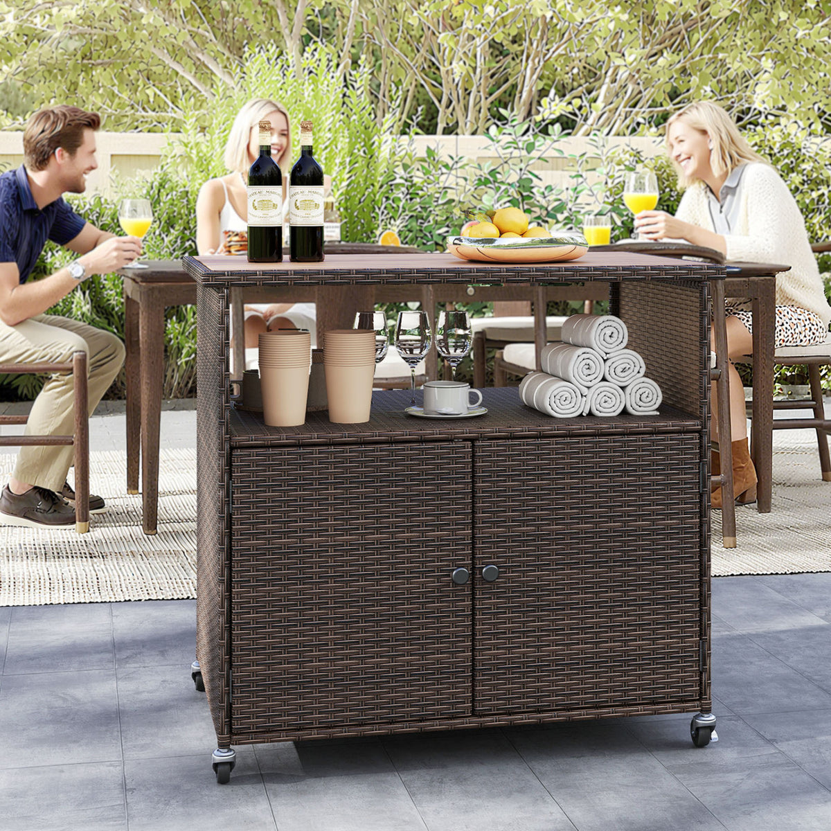 Outdoor Storage Cabinet with Acacia Wood Top and Lockable Wheels-Brown view 2
