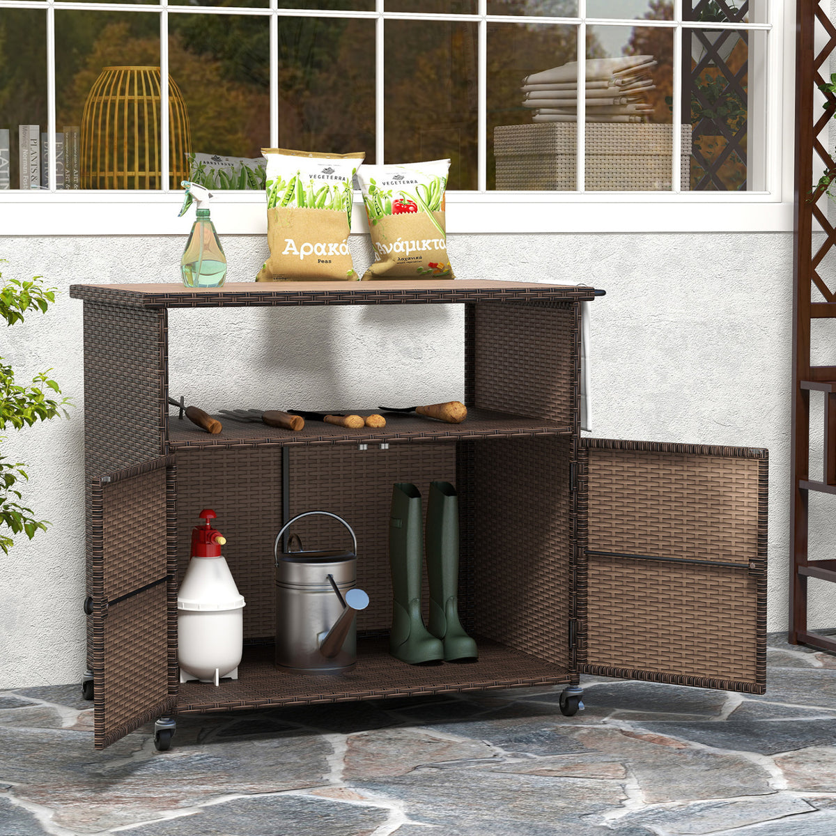 Outdoor Storage Cabinet with Acacia Wood Top and Lockable Wheels-Brown view 3