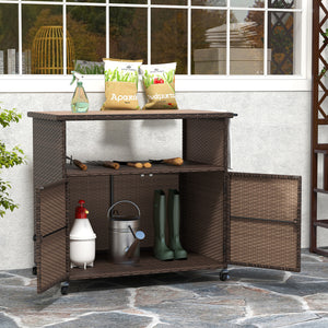 Outdoor Storage Cabinet with Acacia Wood Top and Lockable Wheels-Brown view 3
