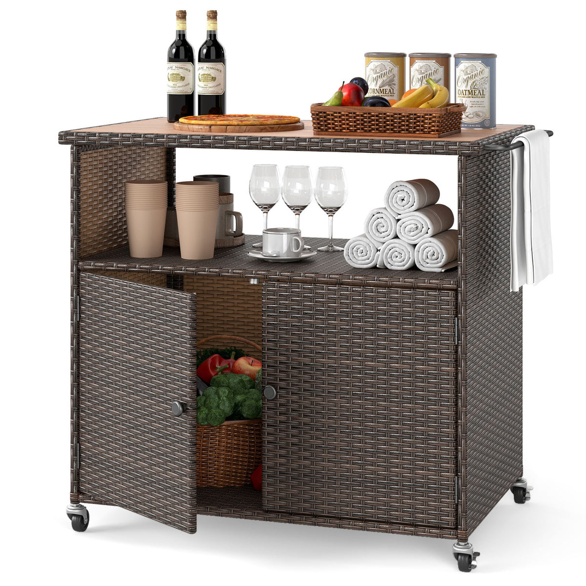 Outdoor Storage Cabinet with Acacia Wood Top and Lockable Wheels-Brown view 4