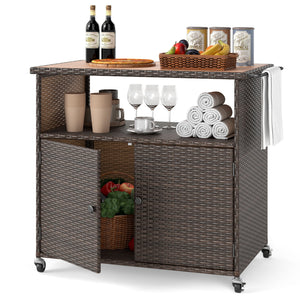 Outdoor Storage Cabinet with Acacia Wood Top and Lockable Wheels-Brown view 4