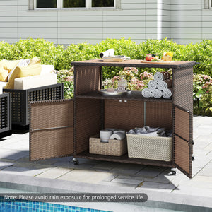 Outdoor Storage Cabinet with Acacia Wood Top and Lockable Wheels-Brown view 6