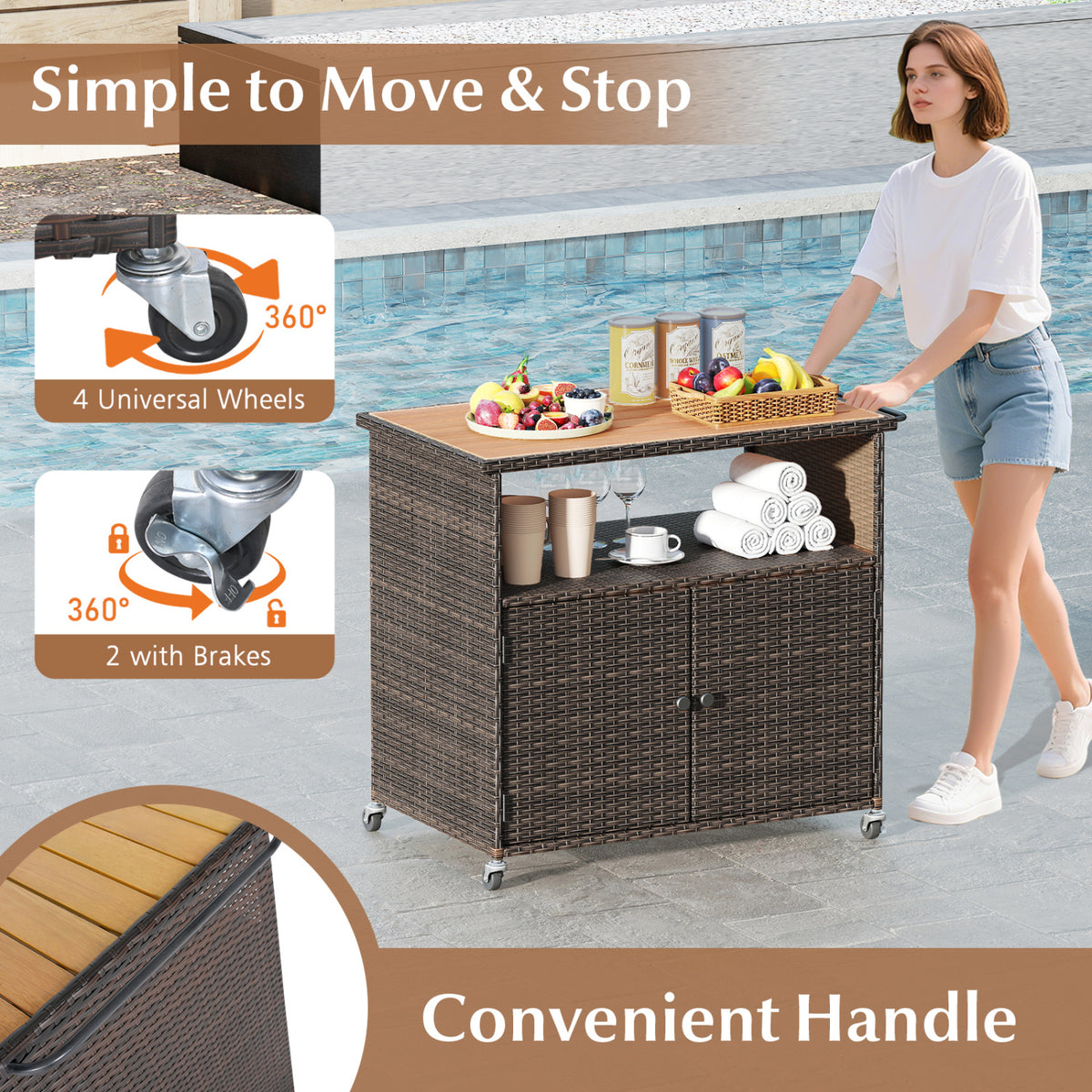Outdoor Storage Cabinet with Acacia Wood Top and Lockable Wheels-Brown view 8