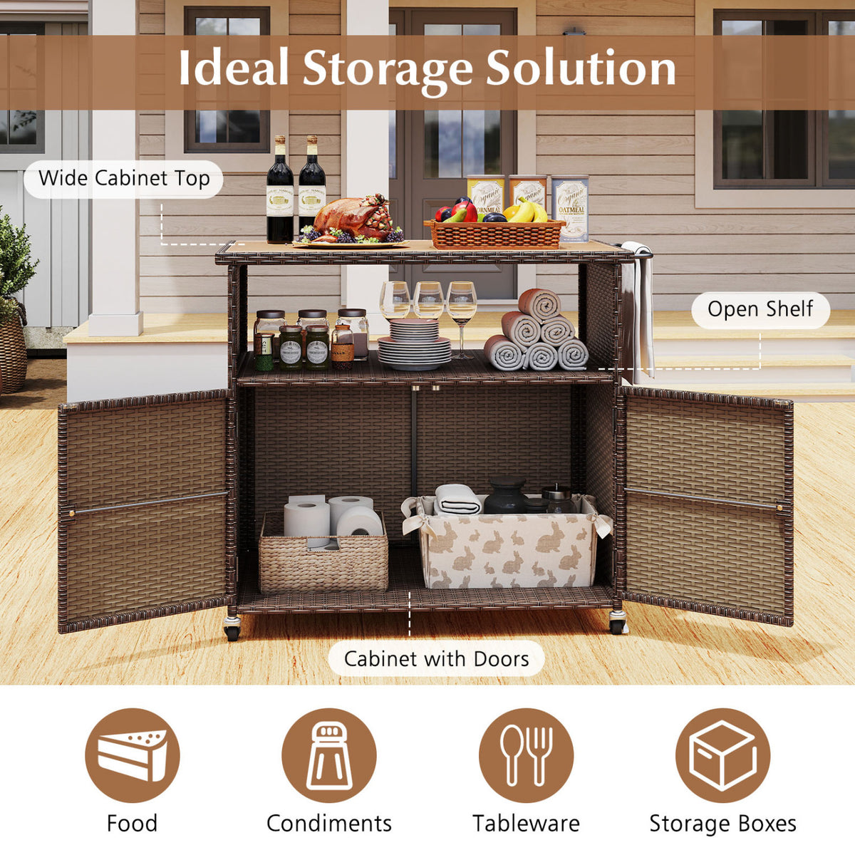 Outdoor Storage Cabinet with Acacia Wood Top and Lockable Wheels-Brown view 9